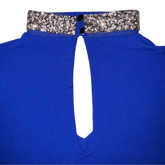 MOAMOA | NWT | Rhinestone Embellished Collar Sheer Blouse Cobalt Blue Small - Picture 4 of 6
